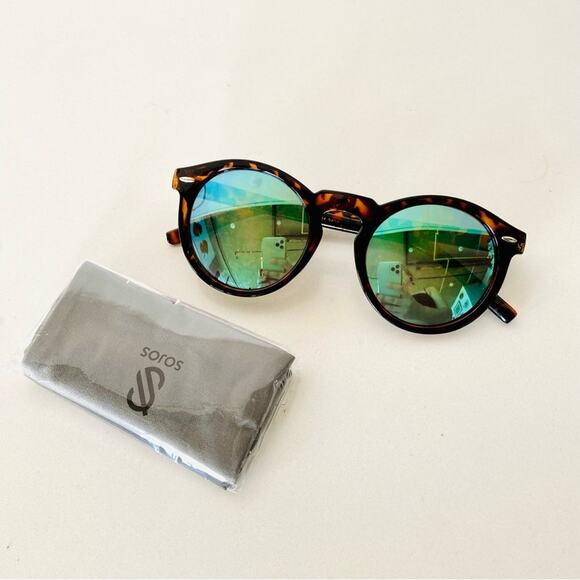 Round Black Brown Tan Tortoiseshell Plastic Blue Mirror Lens Sunglasses Sunnies main image 7